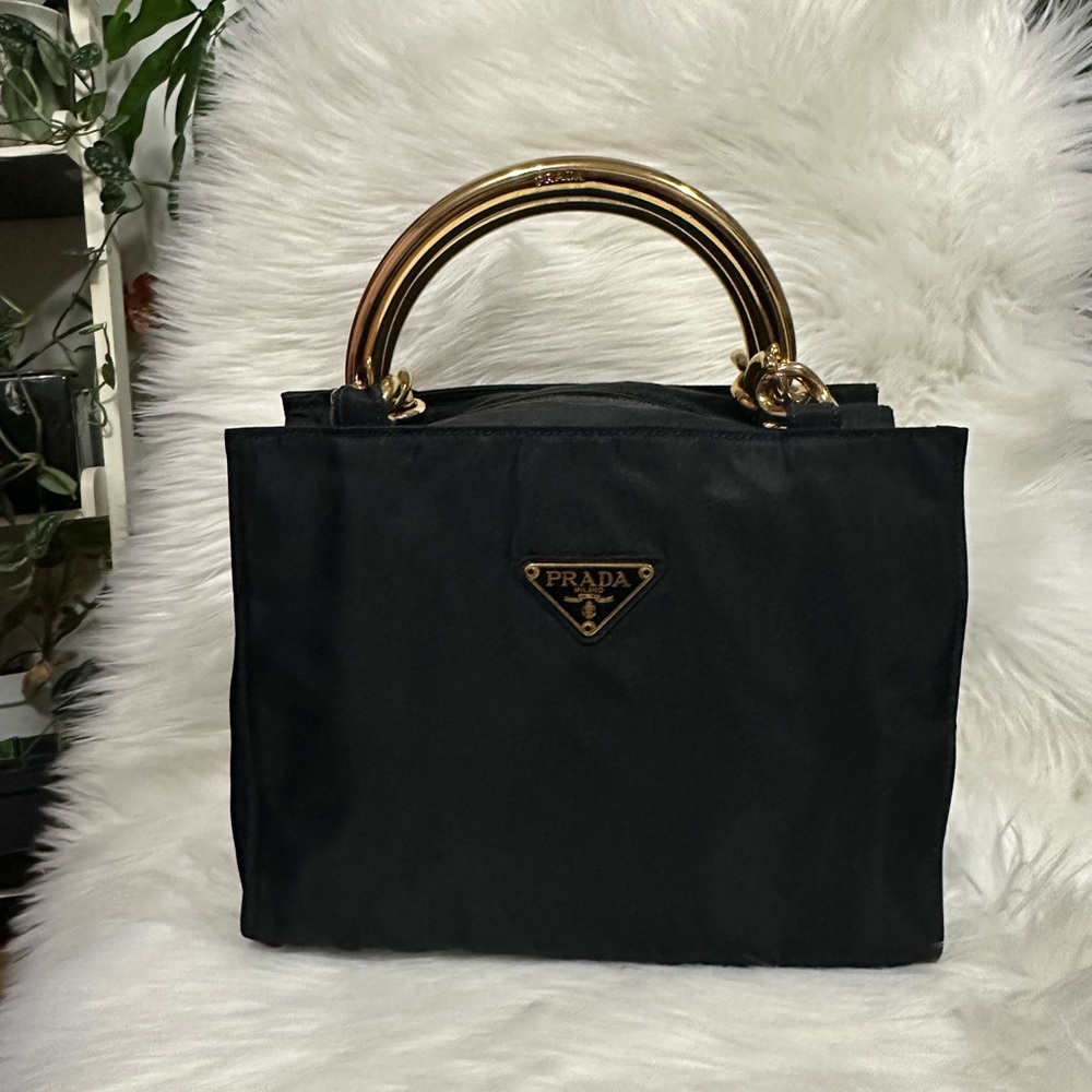 FLASH SALE🔥🔥🔥Authentic Prada Black Tessuto Nylon Handbag With Gold Hardware - Picture 7 of 14